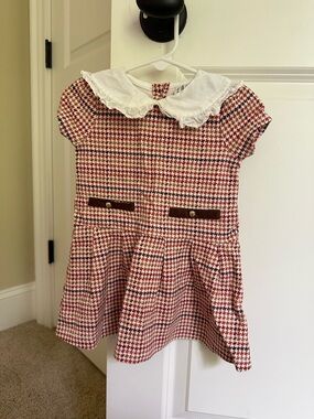 Janie and Jack Girls Red Houndstooth Dress with White Peter Pan Collar